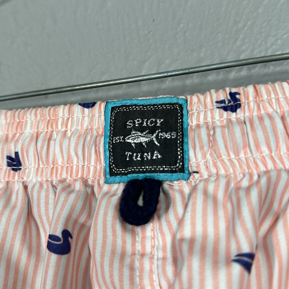 Spicy Tuna Pink Coral & White Striped Duck Print Men's Swim Trunks Size … - Picture 9 of 10